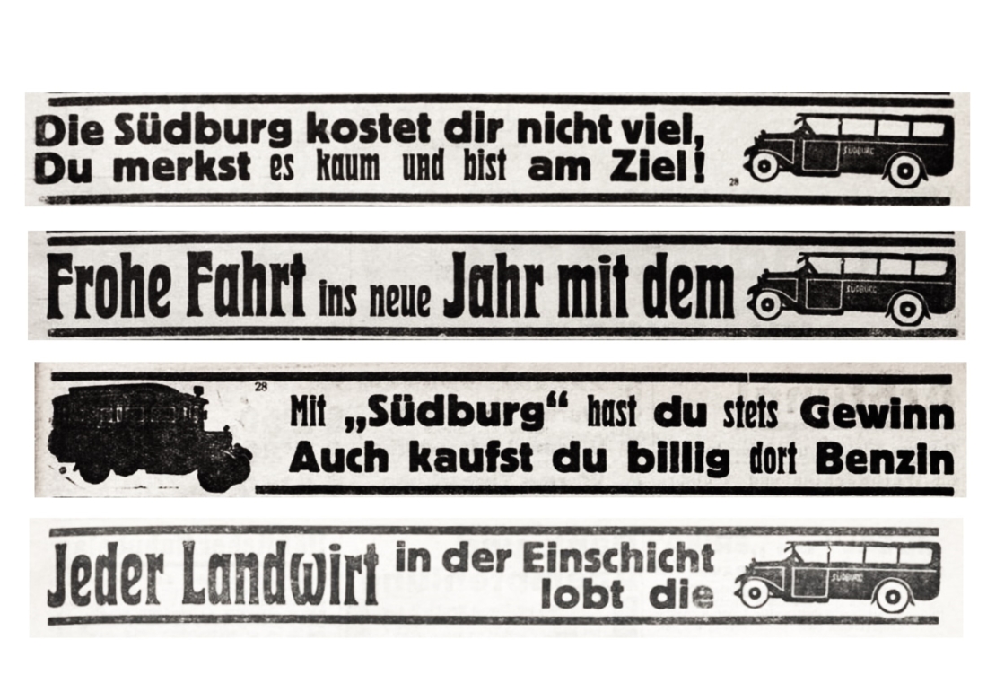 Südburg Werbeanzeigen in Ausgaben der Oberwarther Sonntags = Zeitung des Jahres 1933