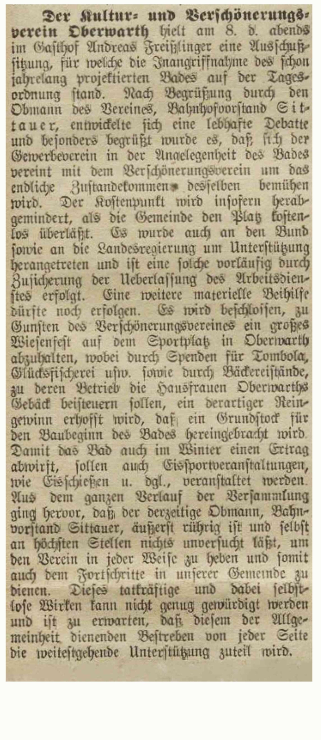 Oberwarther = Sonntagszeitung vom 17. Juni 1934: Ausschusssitzung des Kultur- und Verschönerungsvereins zum Bau eines neuen Schwimmbads / Freibads