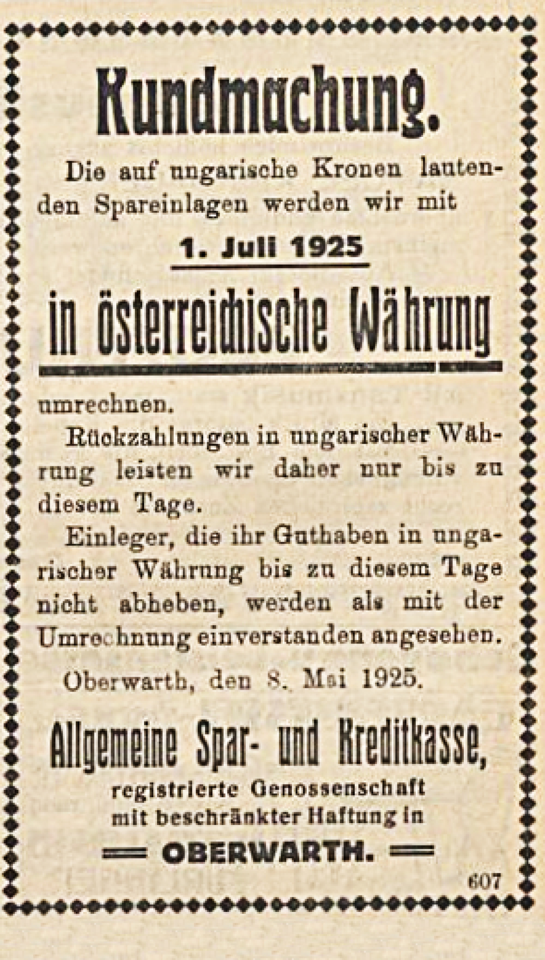 Oberwarther = Sonntagszeitung vom 24. Mai 1925: Kundmachung der Allgemeinen Spar- und Kreditkassa zur Umrechnung der auf Kronen lt. Einlagen auf die österreichische Währung