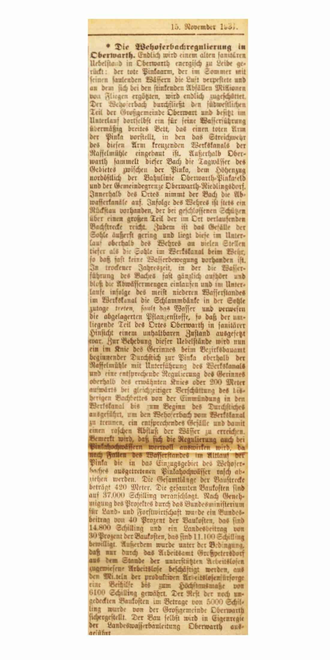 Oberwarther Sonntags-Zeitung: Artikel zur geplanten Wehoferbachregulierung 1931