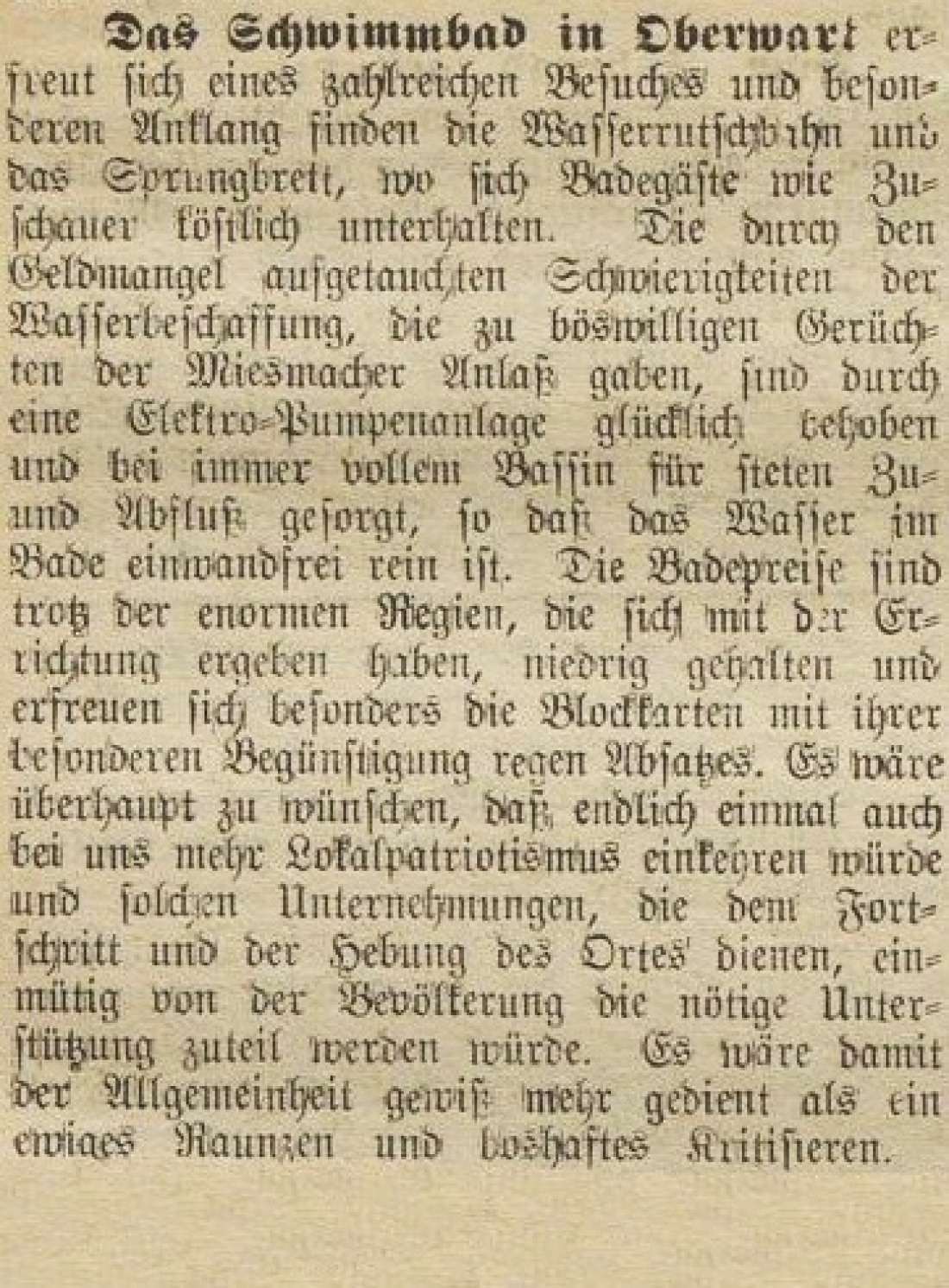 Oberwarther Sonntags-Zeitung vom 21. Juli 1937: Das Schwimmbad in Oberwart
