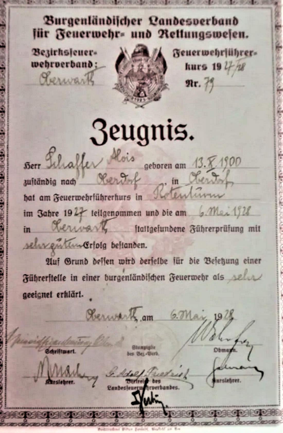 Zeugnis über die Ablegung der Feuerwehr-Führerprüfung durch OSR. Alois Schaffer