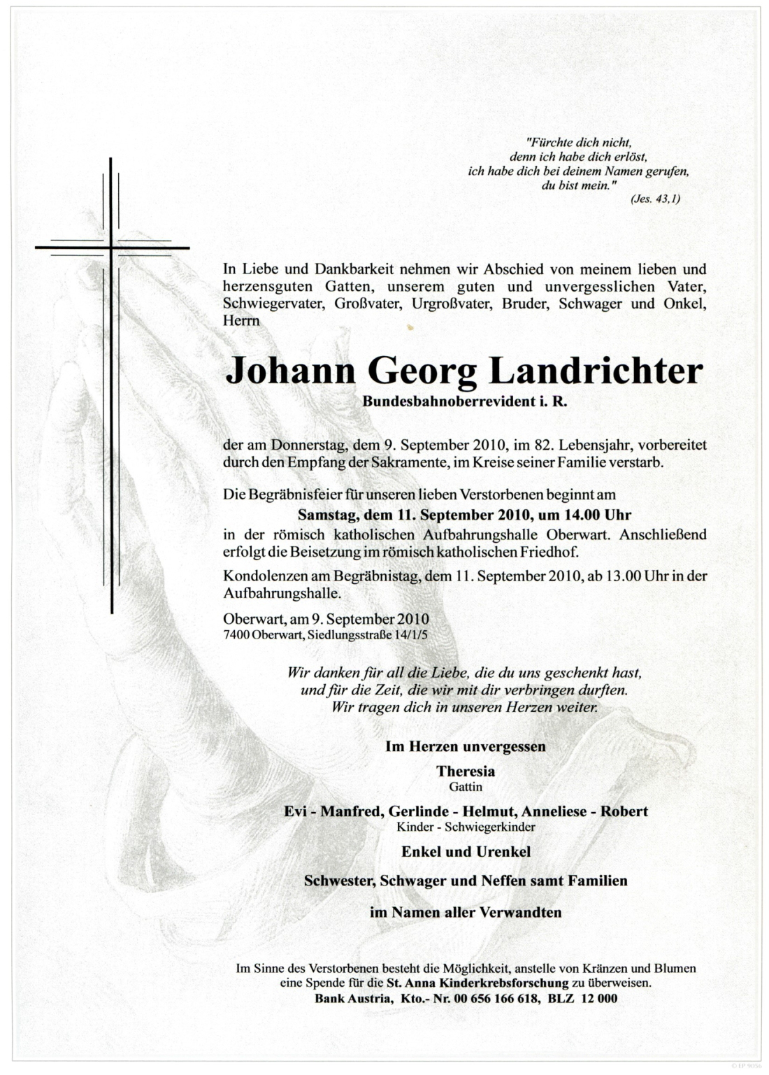 ESV-Stocksport / Eisschützenverein: Parte Johann Landrichter - Bundesbahnoberrevident (*1929/+2010)