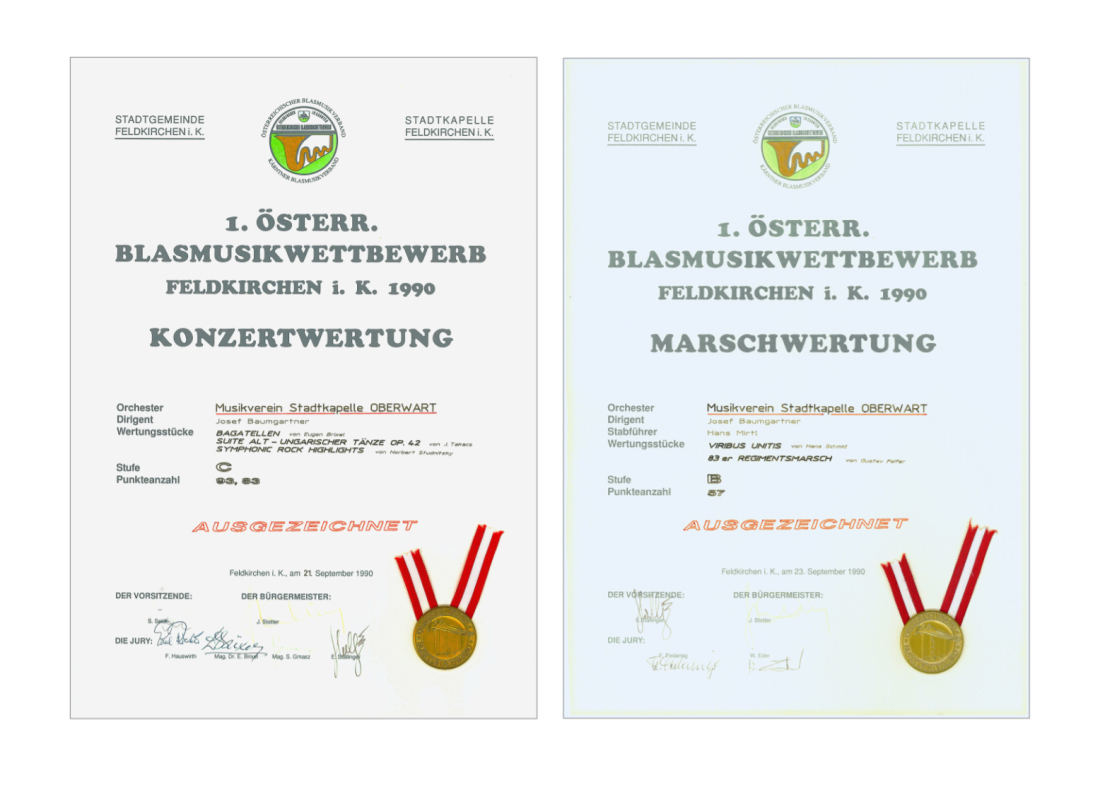 Stadtkapelle: 1. Österreichischen Blasmusikwettbewerb in Feldkirchen (K) - Urkunden über die "Ausgezeichneten Erfolge" in der Konzertwertung und in der Marschwertung