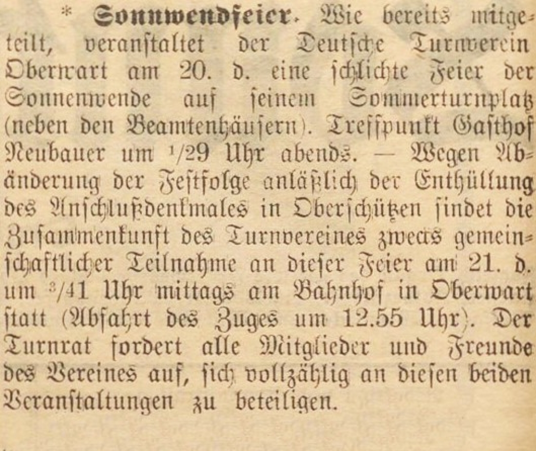 Oberwarther = Sonntagszeitung vom 12. Juni 1931: Deutscher Turnverein - Sonnwendfeier