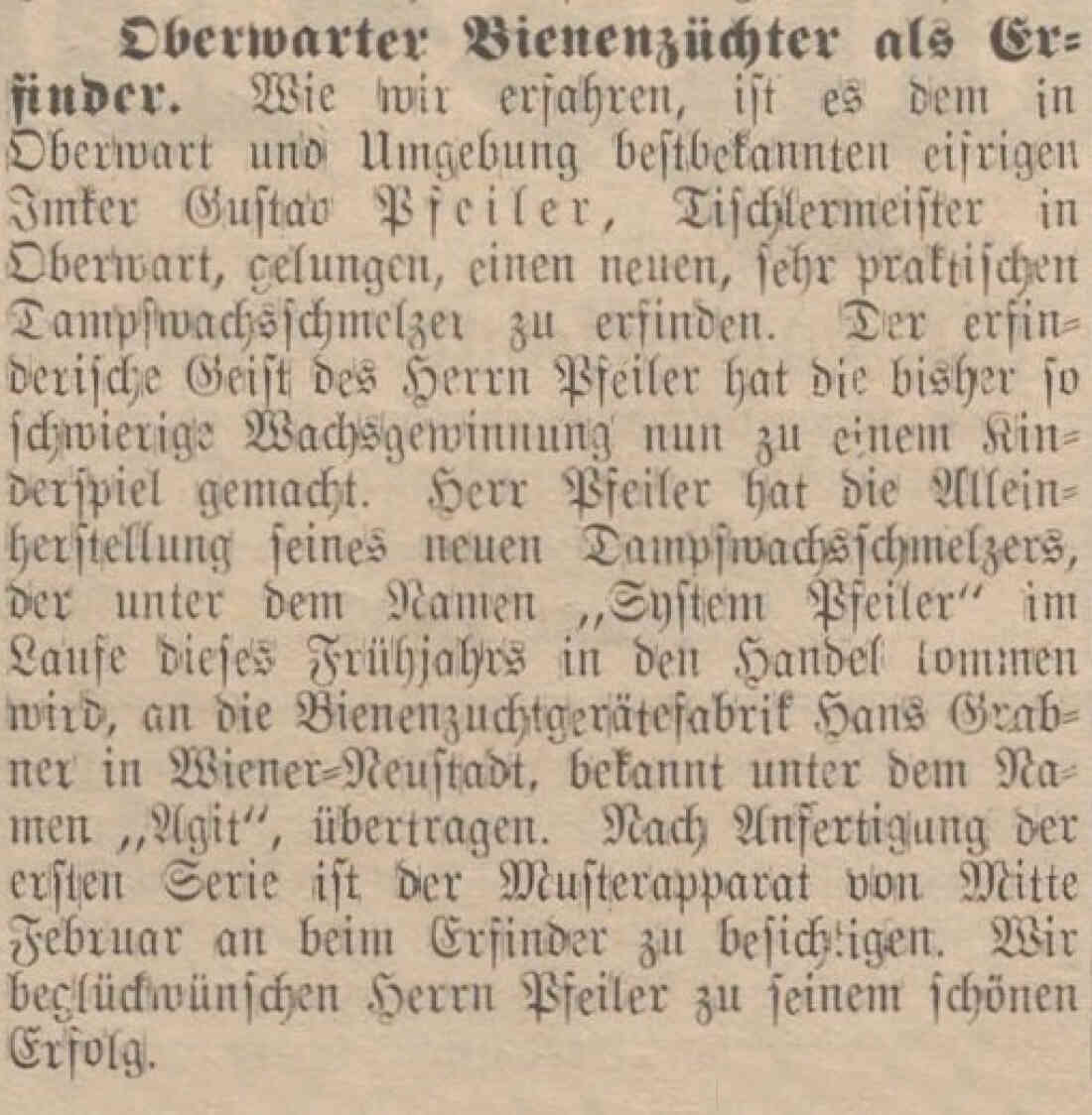 Oberwarther Sonntags-Zeitung vom 28. Feber 1937: Gustav Pfeiler als Erfinder
