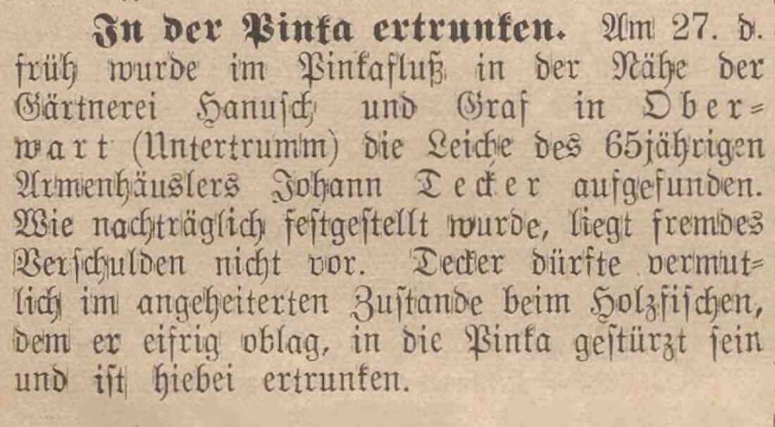 Kurzbericht in der Oberwarther Sonntags-Zeitung 1936: Armenhäusler in der Pinka ertrunken