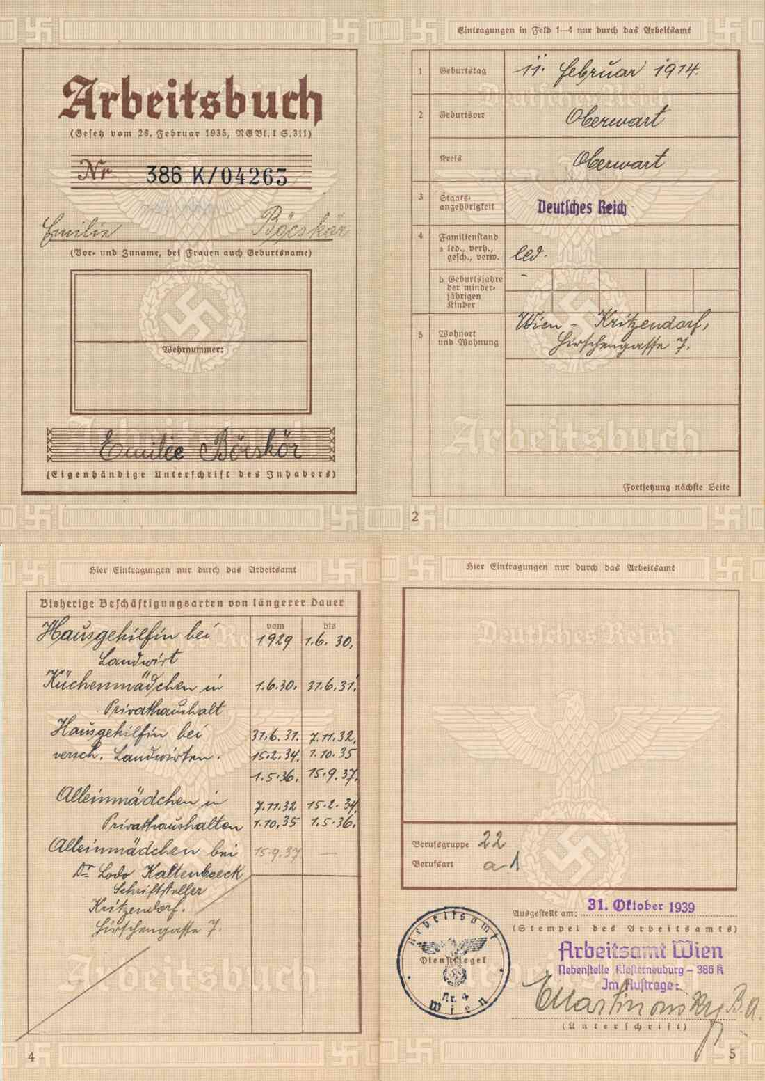 Arbeitsbuch der Emilia Böcskör (*1914 / +1993 verh. Kuch)