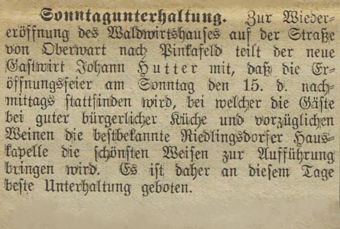 Oberwarther = Sonntagszeitung vom 15. September 1935: Ankündigung der Wiedereröffnung des Waldwirtshauses in der Warthenau (auch Wartenau)