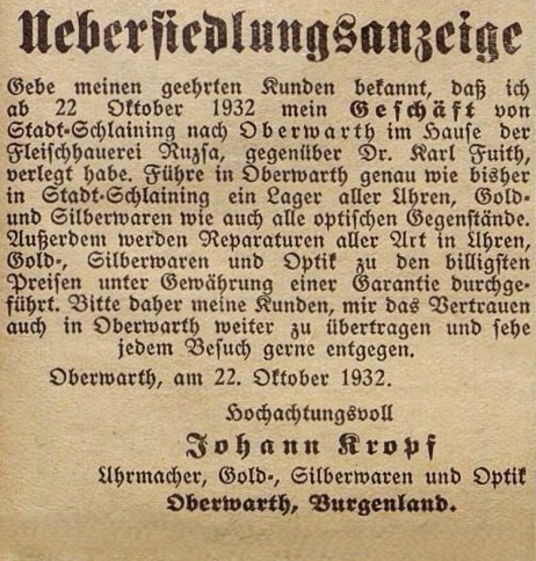 Oberwarther = Sonntagszeitung vom 23. Oktober 1932: Übersiedlungsnazeige - Uhrmacher Johann Kropf