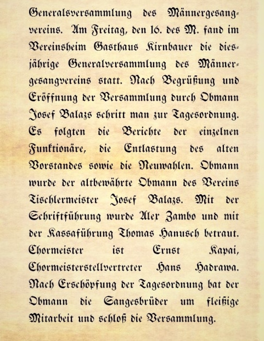 Bericht in der Oberwarter Zeitung vom 15. April 1951 über die Generalversammlung des Männergesangvereins