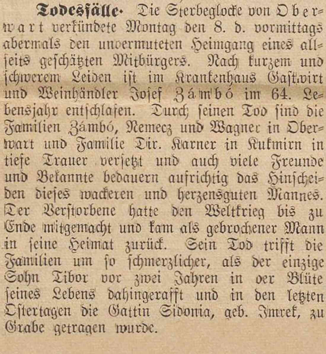 Artikel in der Oberwarther = Sonntagszeitung vom 14. Juni 1936 zum Ableben von Weinhändler und Gastwirt Josef Zambo (*1872/+1936)