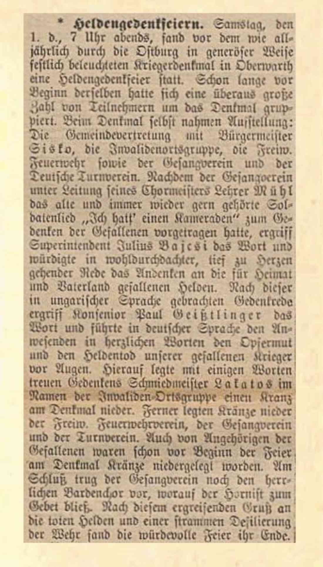 Artikel in der Oberwarther Sonntags-Zeitung vom 9. November 1930: Heldenfeier vor dem Kriegerdenkmal