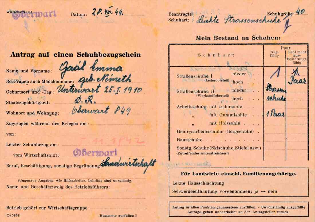 Emma Gaal (OW 849 /Am Telek 92): Antrag auf einen Schuhbezugsschein