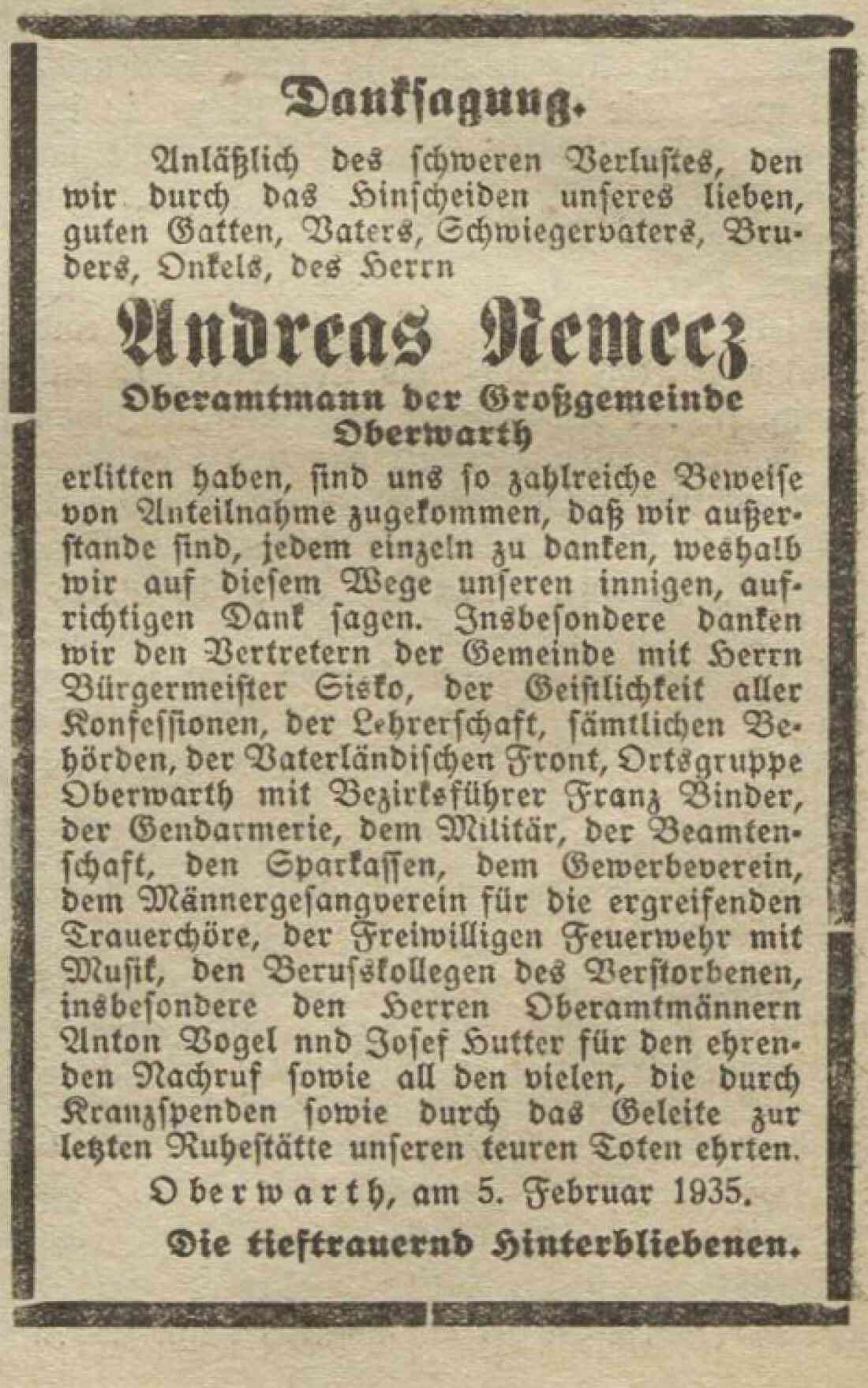 Danksagung vom 10. Feber 1935 anlässlich des Hinscheidens von Oberamtmann Andreas Nemecz (*1875/+1935)