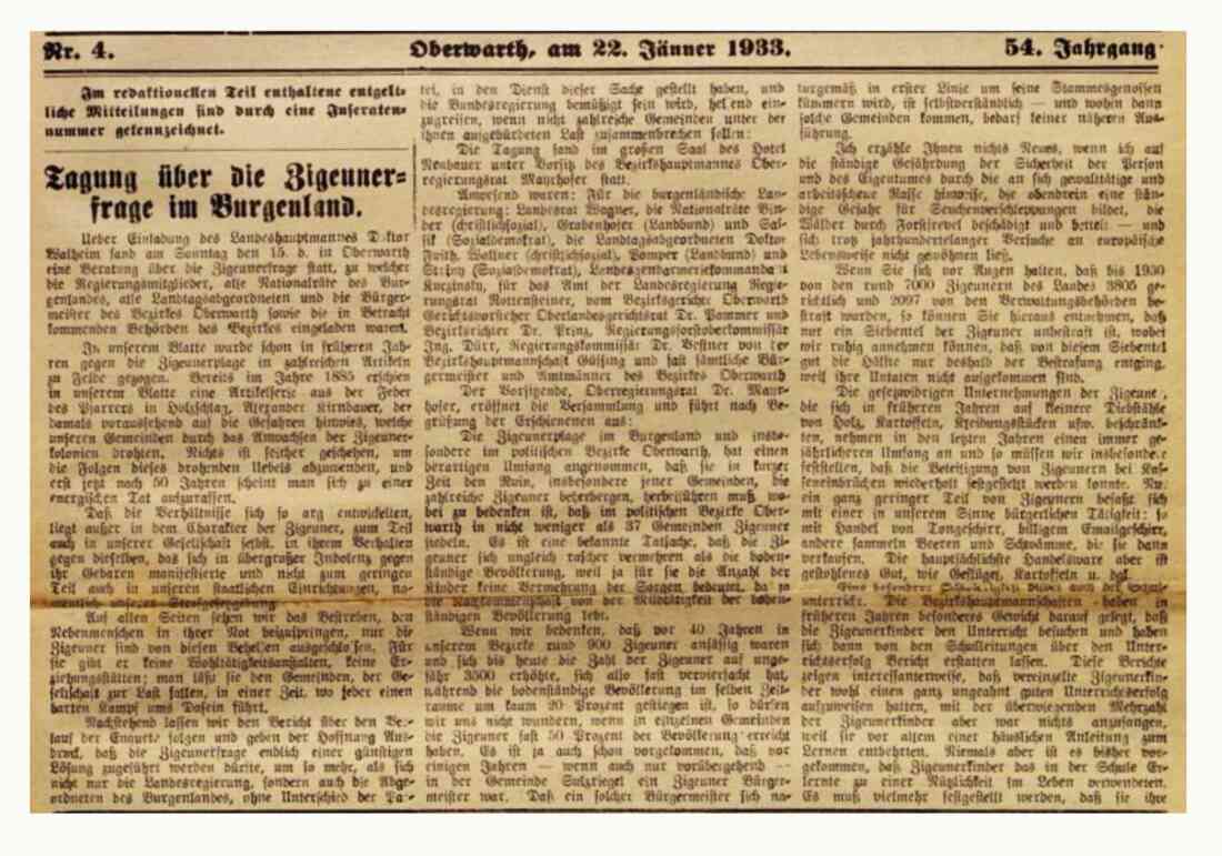 Roma - Zigeunerkonferenz: Artikel in der Oberwarther Sonntags = Zeitung vom 22. Jänner 1933 zur "Tagung über die Zigeunerfrage im Burgenland""