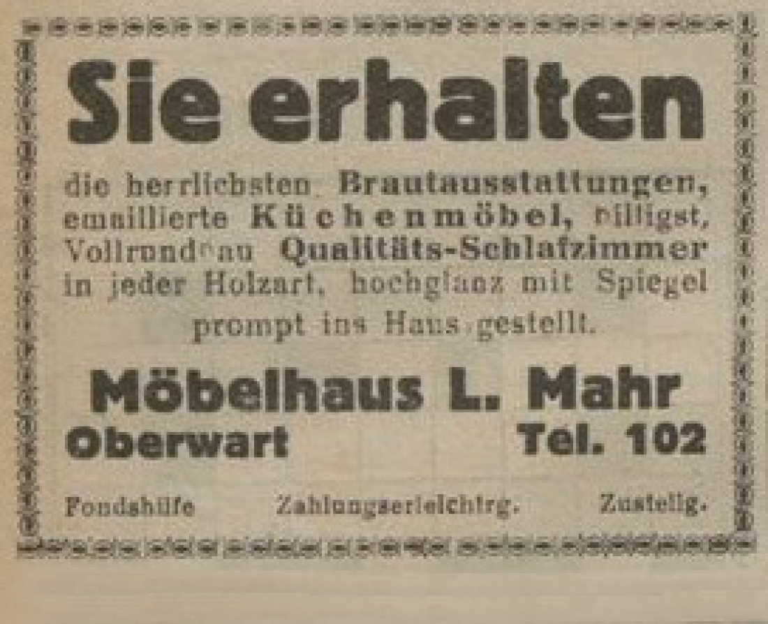 Oberwarter Zeitung vom 16. Jänner 1955: Inserat des Möbelhauses Ludwig Mahr - Lisztgasse 3