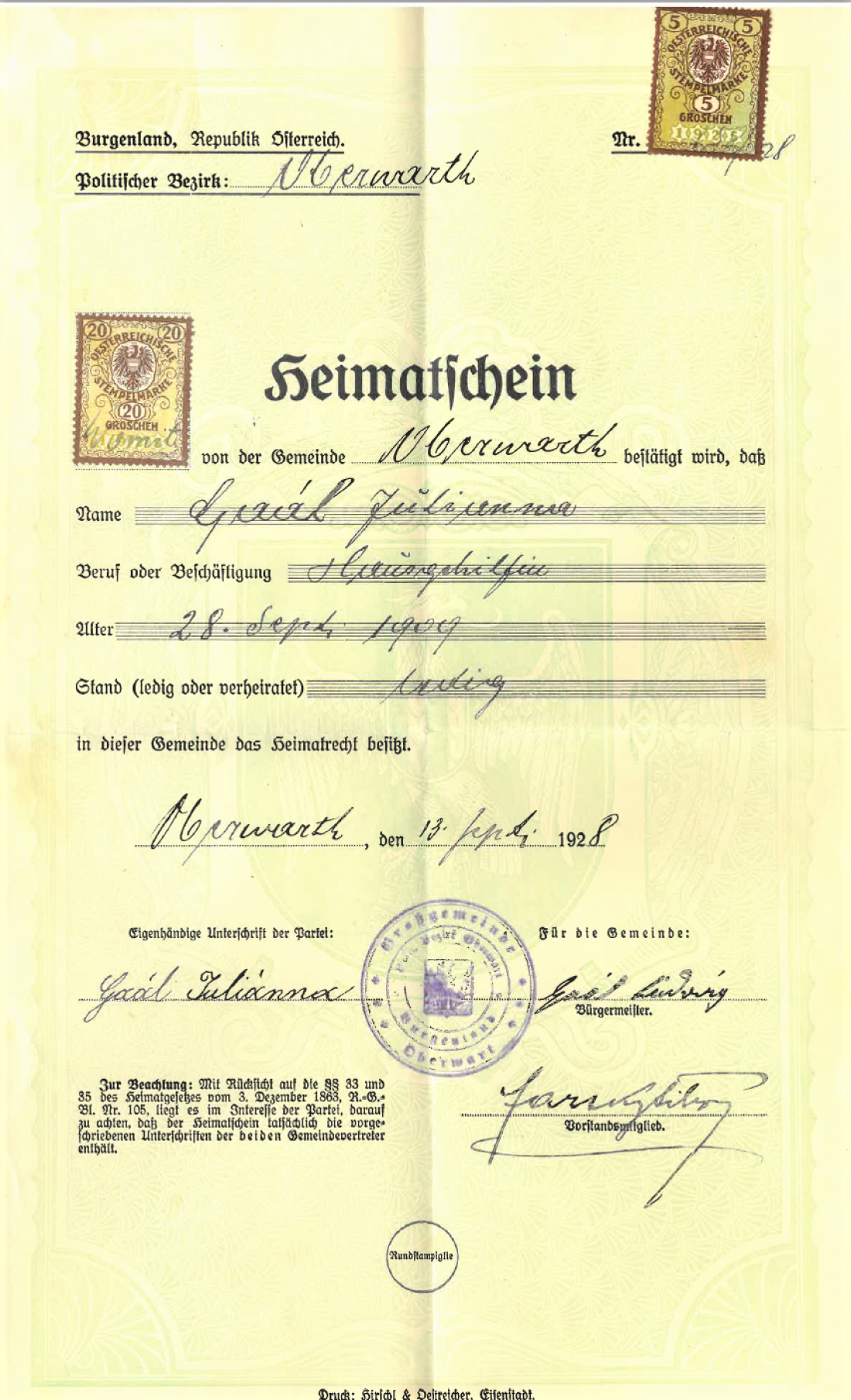 Heimatschein von Julianna Gaal, Hausgehilfin (*1909 /+1994)