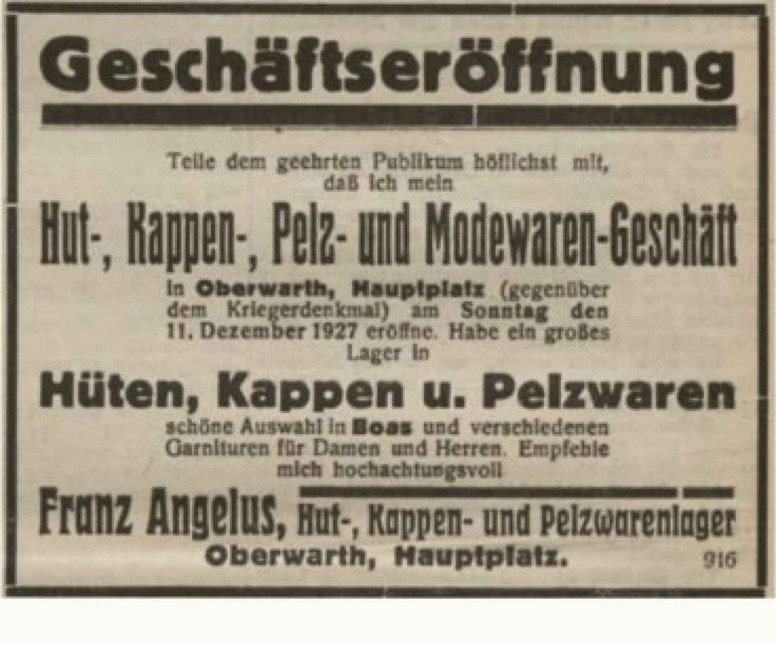 Hüte, Kappen und Pelzwaren Angelus: Anzeige zur Geschäftseröffnung in der Oberwarther Sonntags = Zeitung vom 18. Dezember 1927