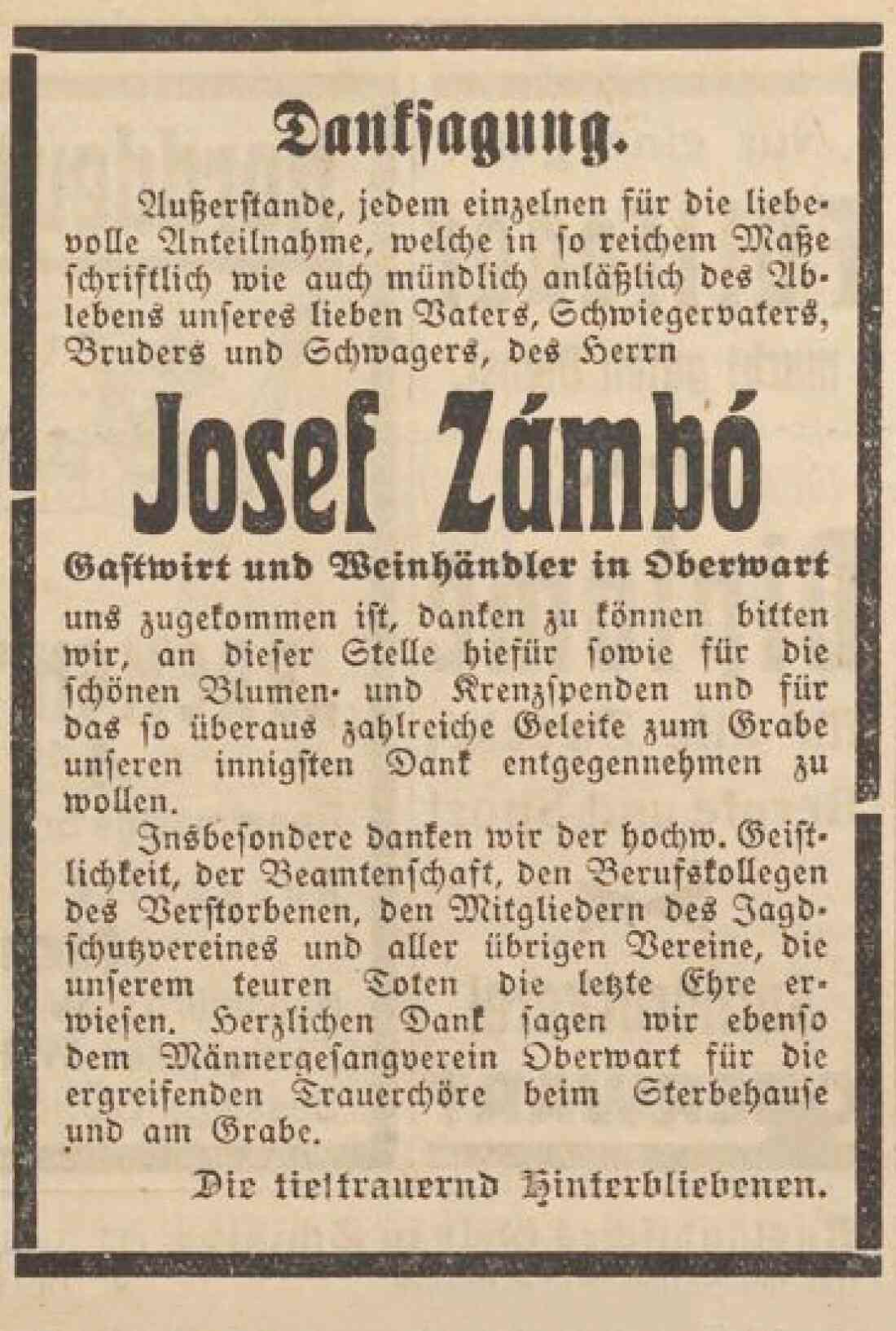 Danksagung in der Oberwarther = Sonntagszeitung vom 21. Juni 1936 anlässlich des Ablebens von Weinhändler und Gastwirt Josef Zambo (*1872/+1936)