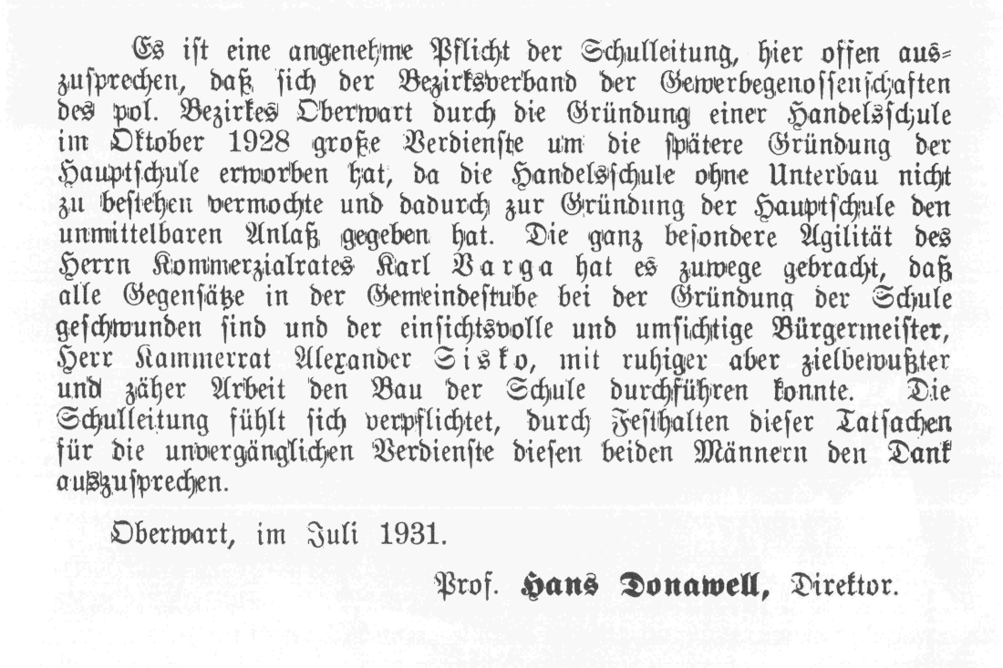 Notiz von Dir. Prof. Hans Donawell im Jahresbericht der Hauptschule und Handelschule aus dem Schuljahr 1930/1931