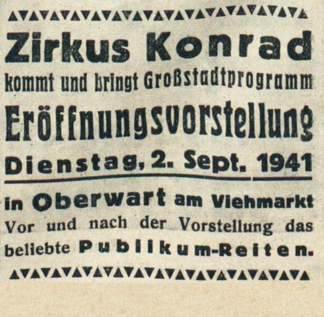 Oberwarther Sonntags-Zeitung vom 3. September 1941: Inserat Zirkus Konrad