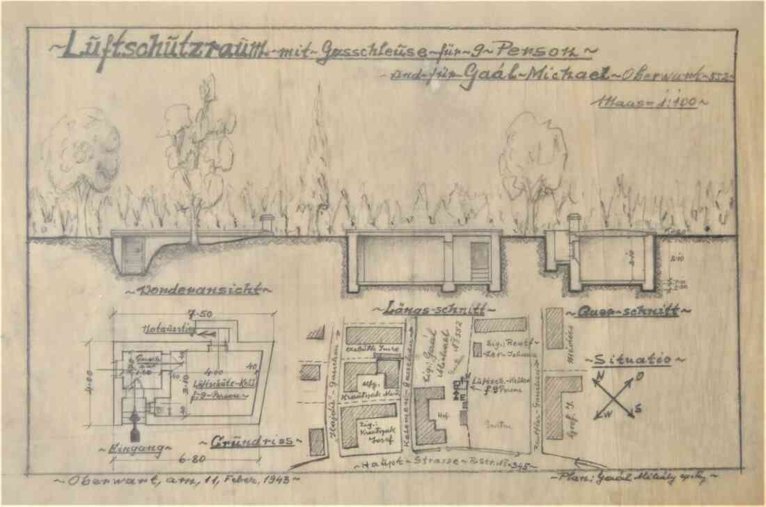 Plan zur Errichtung eines Luftschutzraumes mit Gasschleuse für und von Baumeister Michael Gaál (Steinamangererstraße 91)