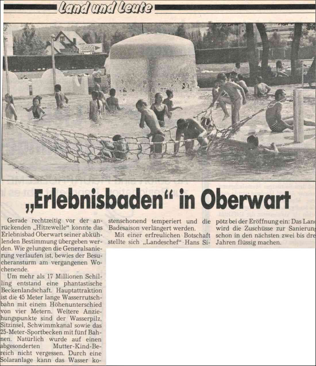 Freibad / Schwimmbad (Badgasse 6): Artikel anlässlich der Eröffnung nach dem Umbau und der Neugestaltung 1990
