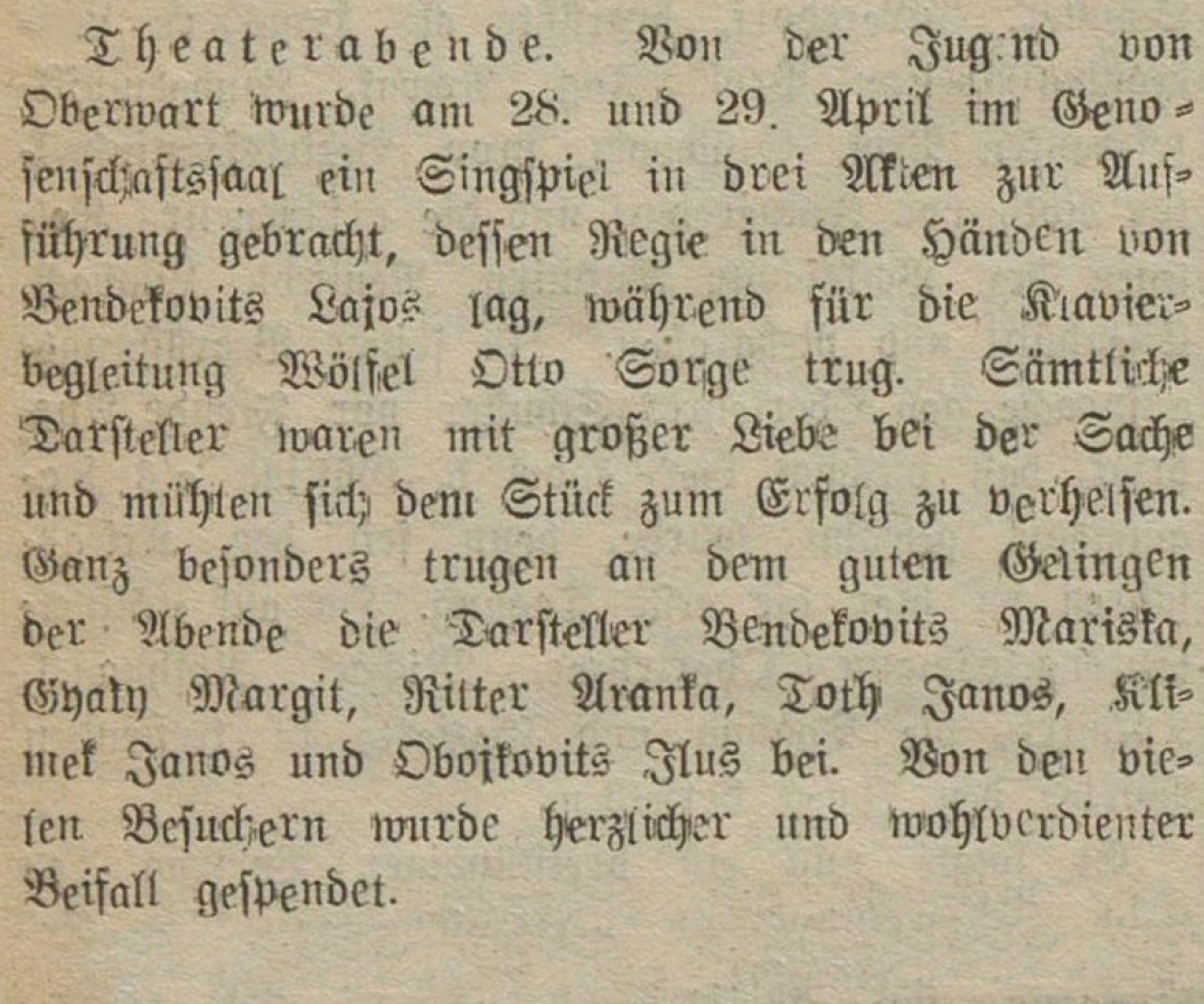 Die Oberwarter Zeitung vom 6. Mai 1951 berichtet über Theaterabende der Oberwarter Jugend