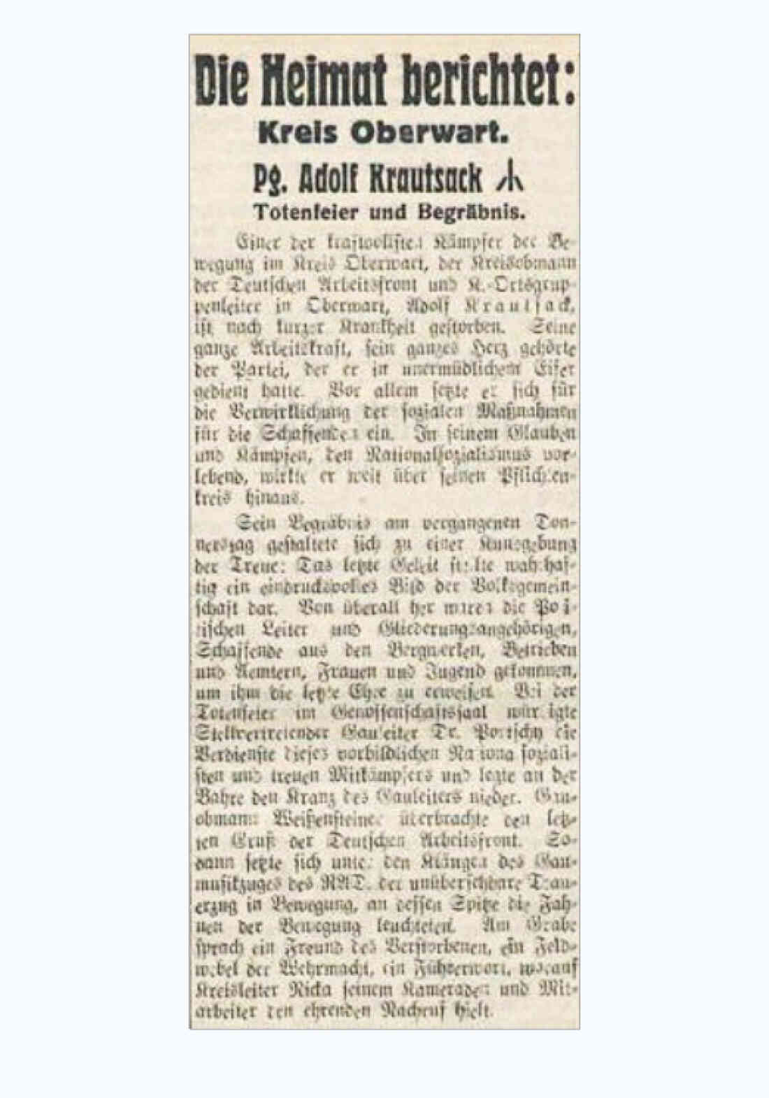Bericht in der Oberwarther - Sonntagszeitung: Totenfeier im Genossenschaftssaal und Begräbnis von PG Adolf Krautsack