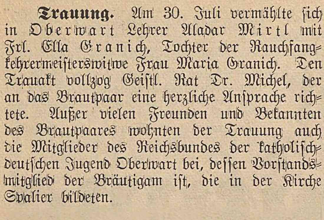 Kurzer Bericht in der Oberwarther Sonntags-Zeitung über die Trauung von Aladar Mirtl und Ella Granich am 30. Juli 1936