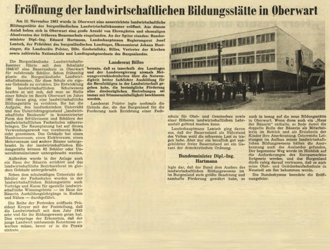 BF vom 23. November 1963: ausführlicher Bericht über die Eröffnung der Landwirtschaftlichen Bildungsstätte (Prinz Eugenstraße 7)