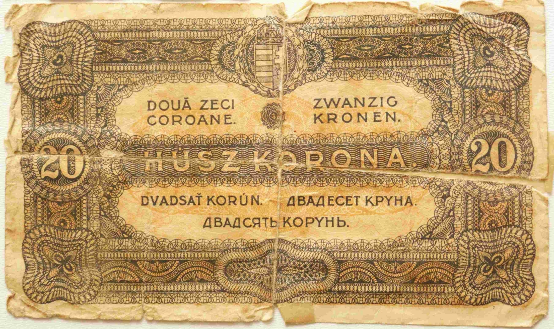 Röm. kath. Pfarre: ein 20-Kronen-Schein in der Zeitkapsel, der bei der Abnahme des Turmkreuzes an der Spitze der Aufbahrungskirche Maria Himmelfahrt gefunden wurden