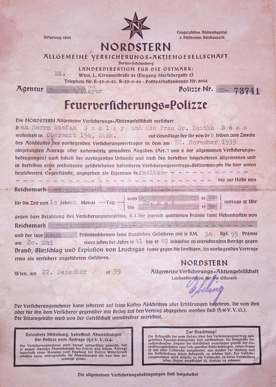 Feuerversicherungs-Polizze der Nordstern Versicherungs=Aktiengesellschaft für das Gebäude OW 154 / Wienerstraße 3