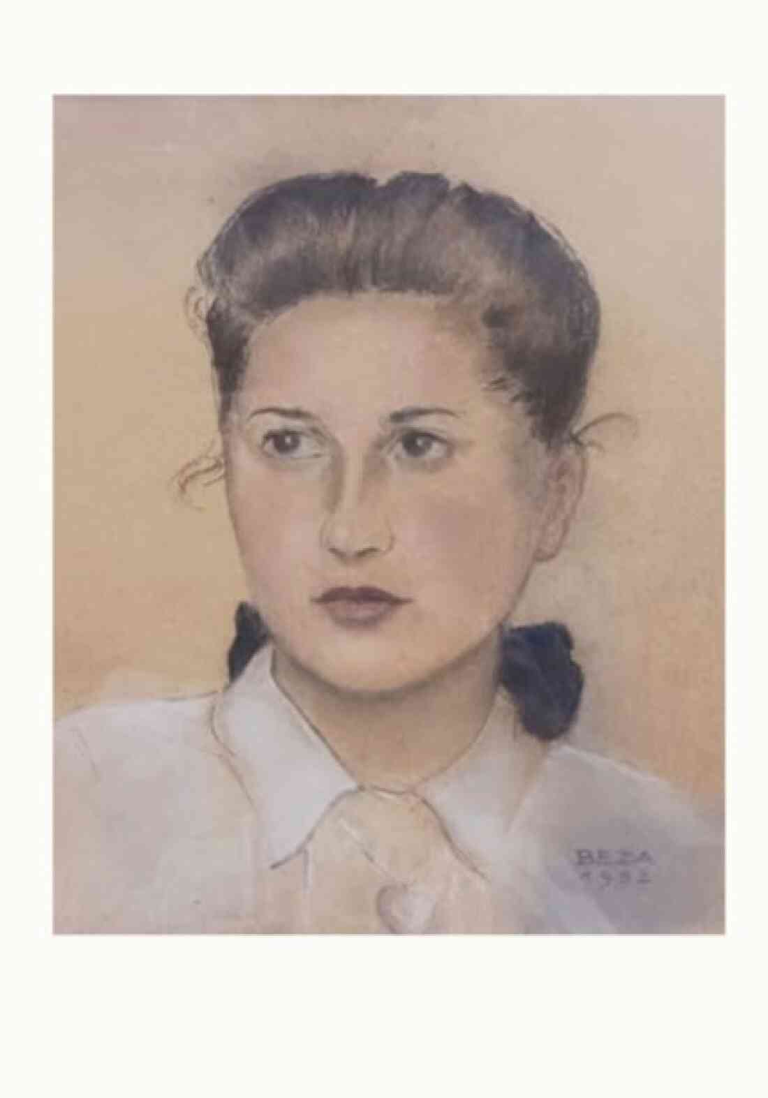 Gemaltes Portrait: Mathilde Imre (geb. Toth, *9. April 1936 / +6. Feber 2019) – gemalt von HS-Lehrer Artur Beza (*1913)