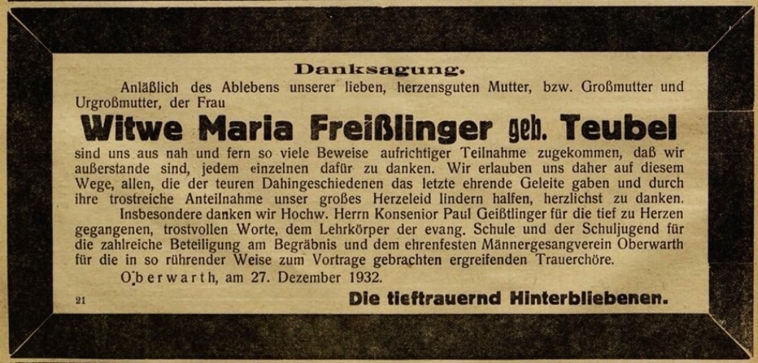 Danksagung anlässlich des Ablebens von Maria Freißlinger (oft auch Freisslinger oder Freiszlinger) in der Oberwarther Sonntags = Zeitung vom 1. Jänner 1933