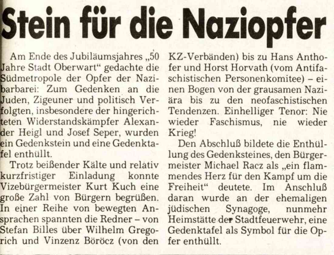 Artikel in der BF vom 4. Jänner 1990 über die Enthüllung von Gedenktafel und Mahnmal für die Opfer des Nationalsozialismus
