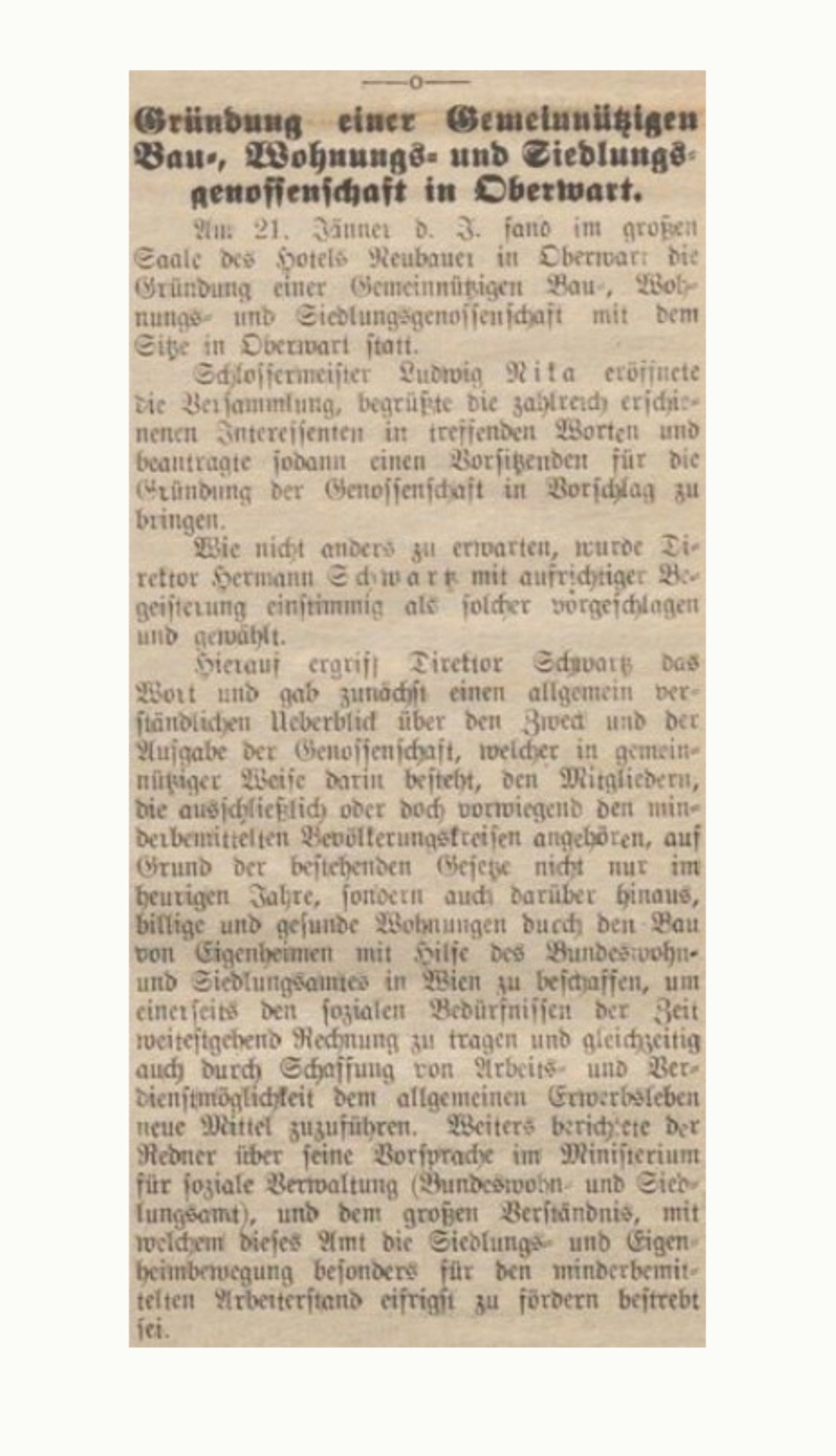 Oberwarther = Sonntagszeitung vom 2. Feber 1936: Bericht über die Gründung einer Gemeinnützigen Bau-, Wohnungs- und Siedlungsgenossenschaft in Oberwart