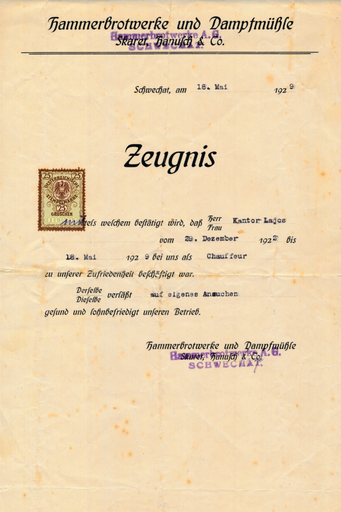 Dienstzeugnis der "Hammerbrotwerke und Dampfmühle Schwechat" für Ludwig Kantor als Chaffeur