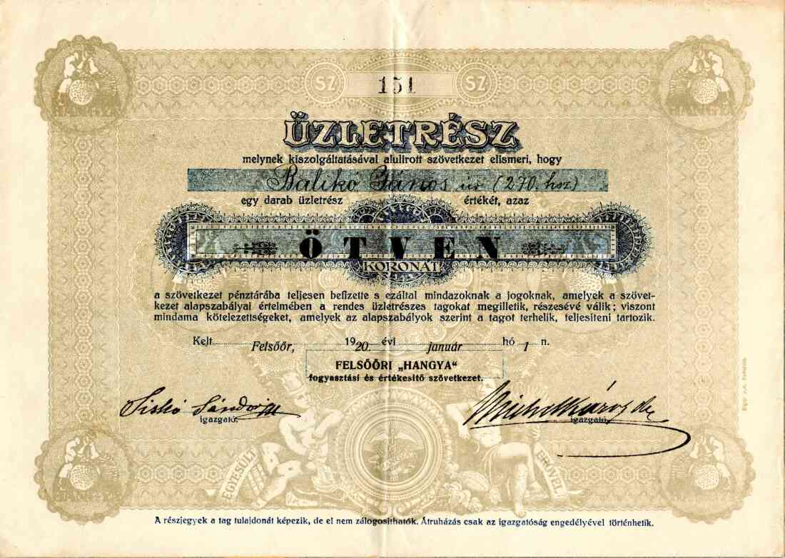 Anteilschein über 50 Kronen der Oberwarter Konsum- und Vertriebsgenossenschaft „Hangya“, 1920