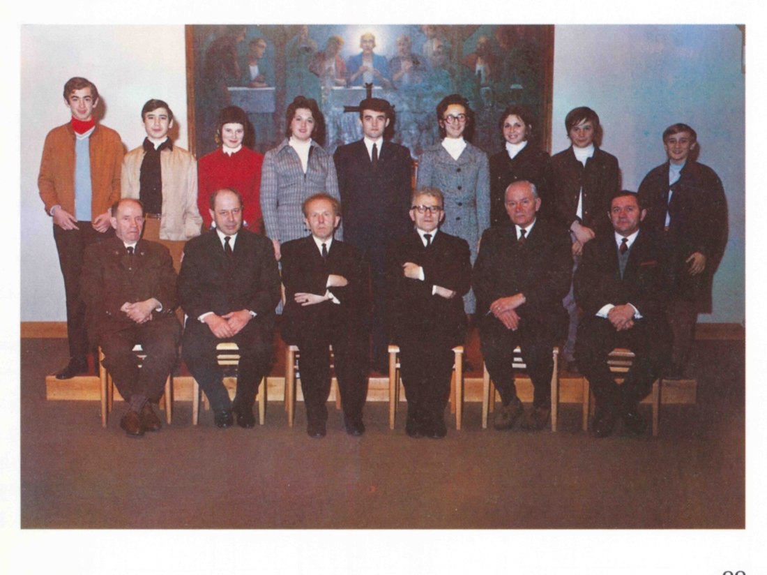 Evang. Pfarre AB: Gruppenbild anlässlich er 21. Evang. Woche 1973 (Anetshofer/Zetter/Gamauf/Simandl/Böhm/Frühwirth/Geschrey/Brunner/Tölly/Wolfbeiß/Imre/Balazs/Steiner)