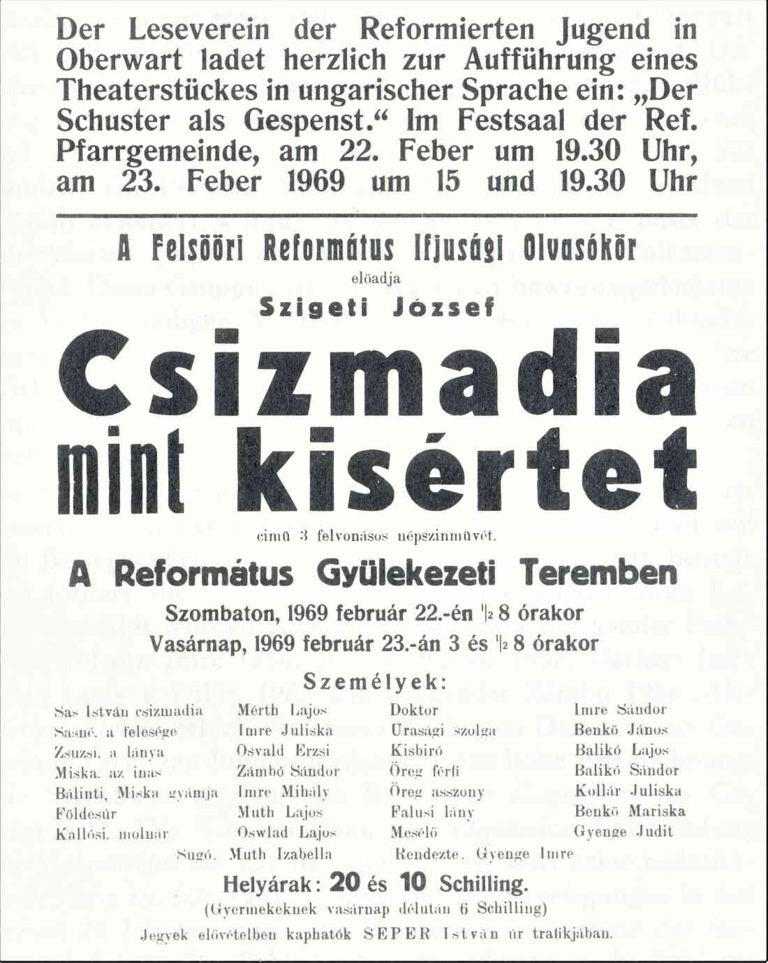 Reformierter Leseverein: Plakat zur Theateraufführung „Der Schuster als Gespenst“
