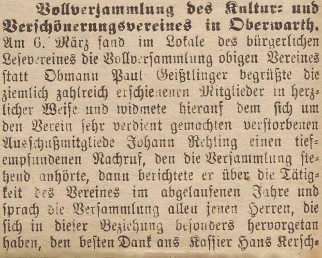 Oberwarther Sonntags-Zeitung vom 11. März 1923: Vollversammlung des Kultur- und Verschönerungsvereines