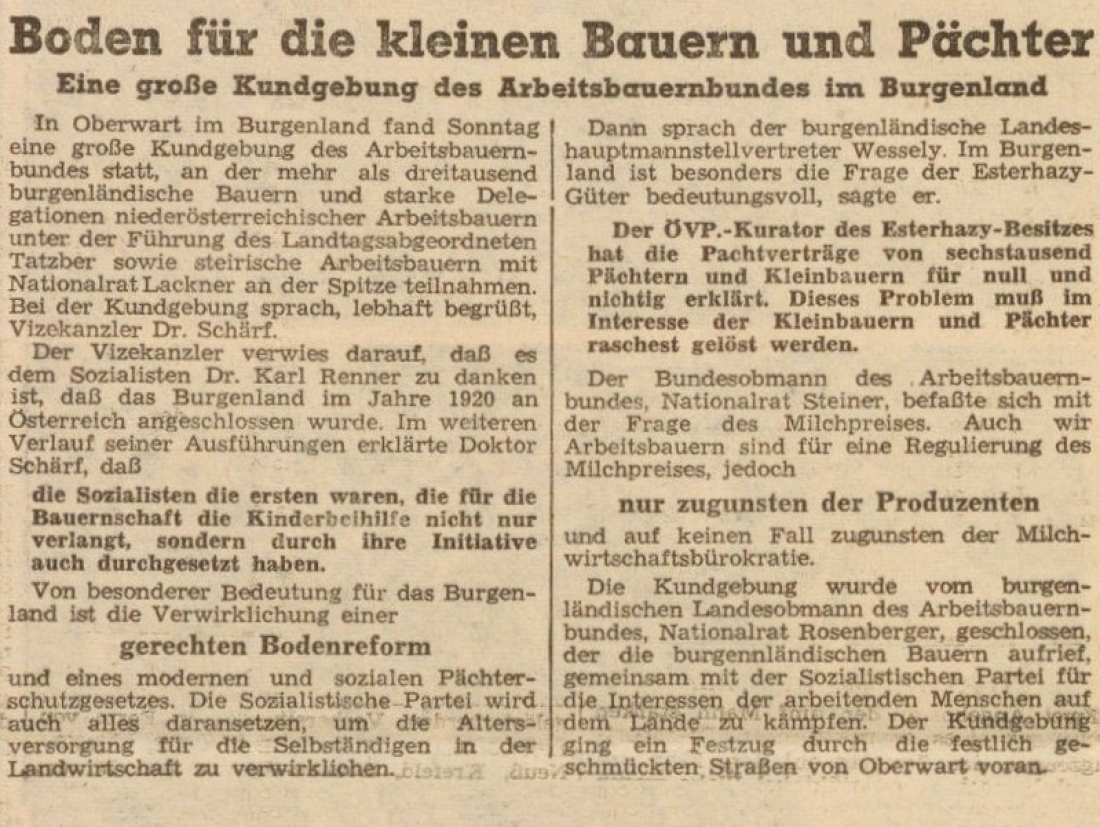Arbeiterzeitung vom 27. September 1955: "Boden für die kleinen Bauern und Pächter" - Kundgebung des Arbeiterbauernbundes