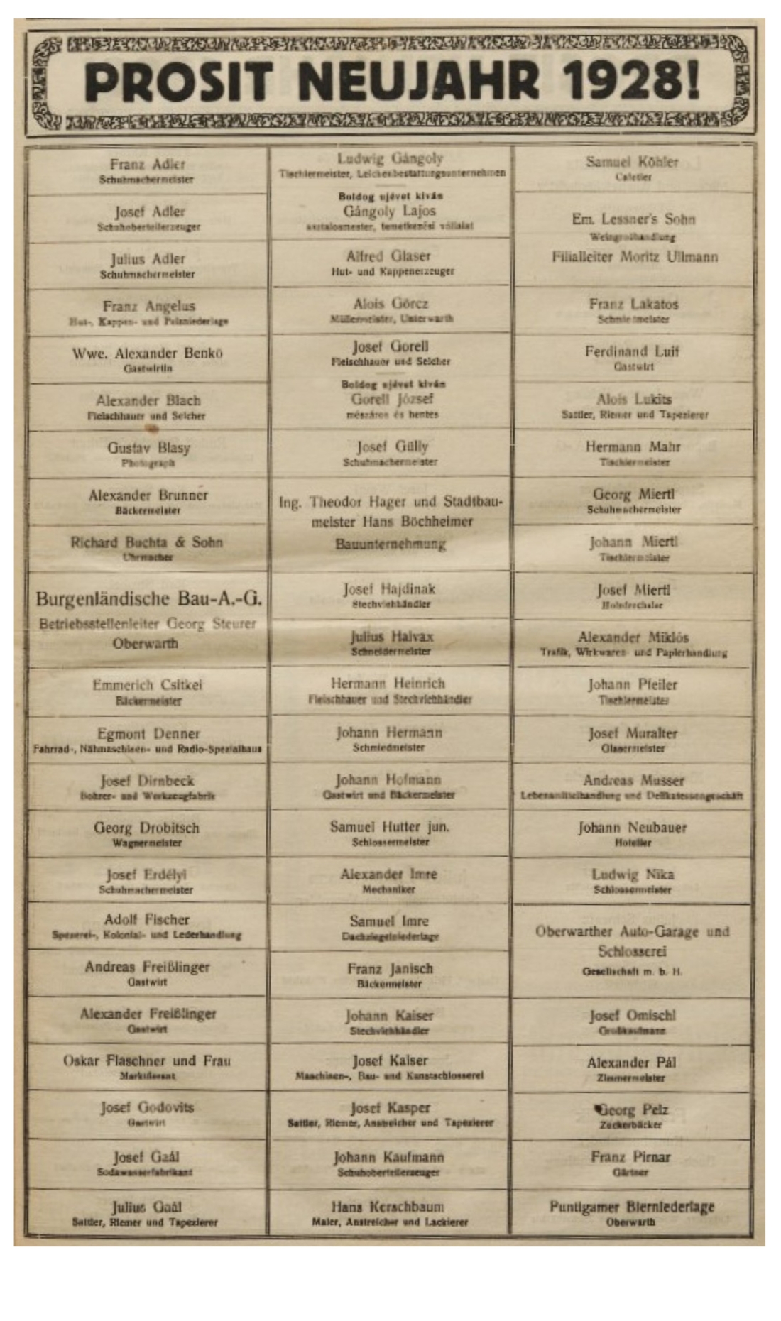 Neujahrswünsche von Oberwarther Firmen in der Oberwarther Sonntags = Zeitung vom 1. Jänner 1928 - 1