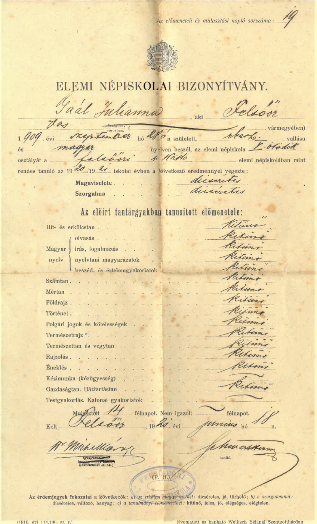 Volksschulzeugnis (Elemi Népiskolai Bizonyitvány) der Julianna Gaal (*1909 /+1994)