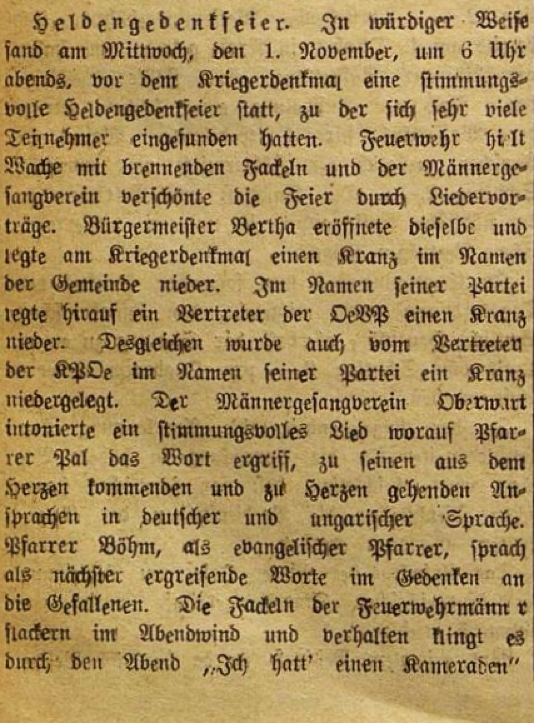 Kurzer Bericht über die Heldengedenkfeier (Heldenehrung/Friedensfeier) vor dem Kriegerdenkmal in der Oberwarter Zeitung vom 5. November 1950