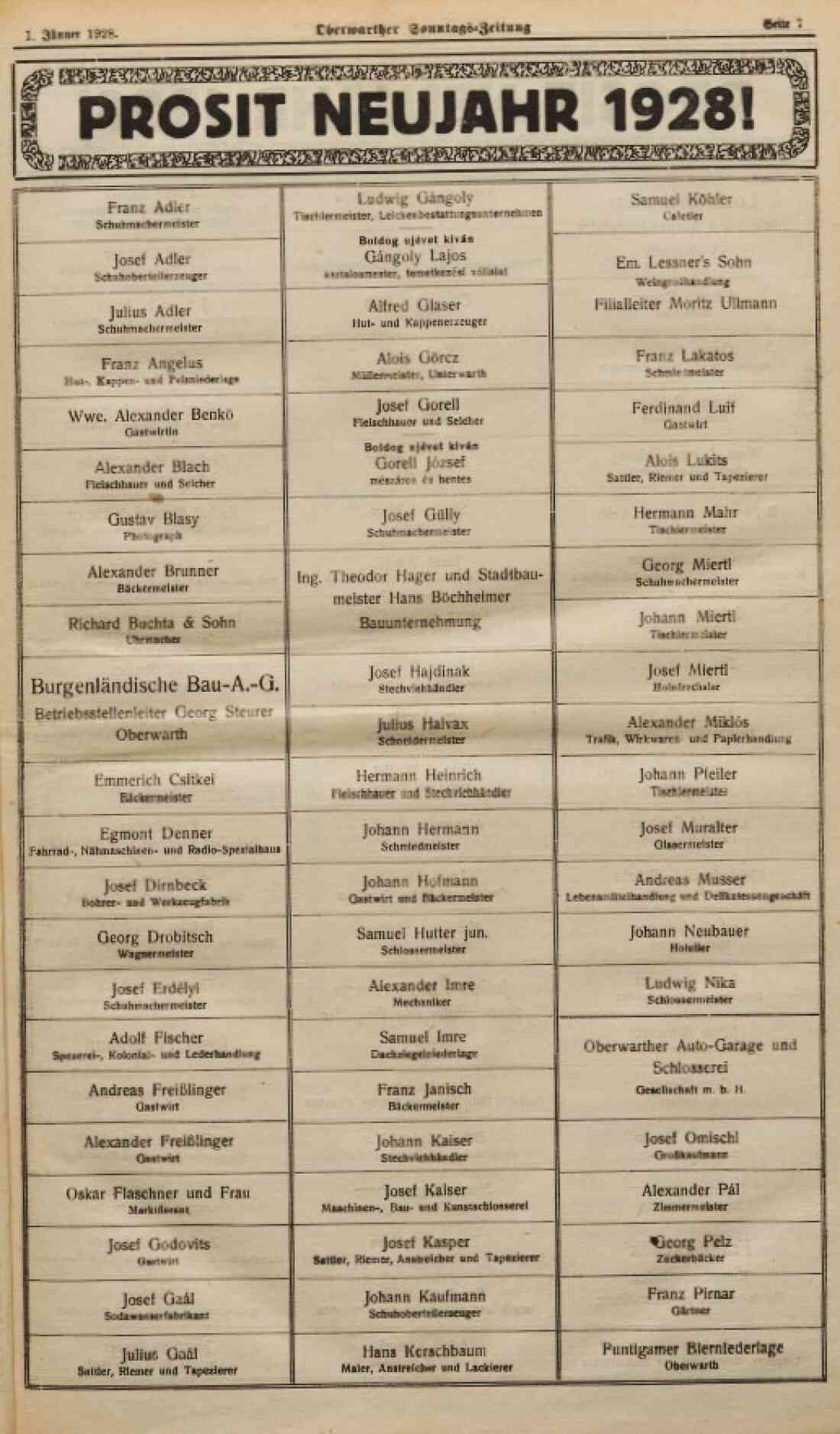 Neujahrswünsche von Oberwarther Firmen in der Oberwarther Sonntags = Zeitung vom 1. Jänner 1928 - 1