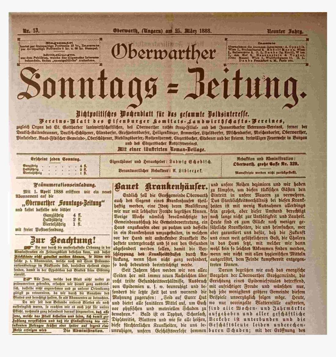Artikel in der Oberwarther Sonntags = Zeitung vom 25. März 1888: "Bauet Krankenhäuser"