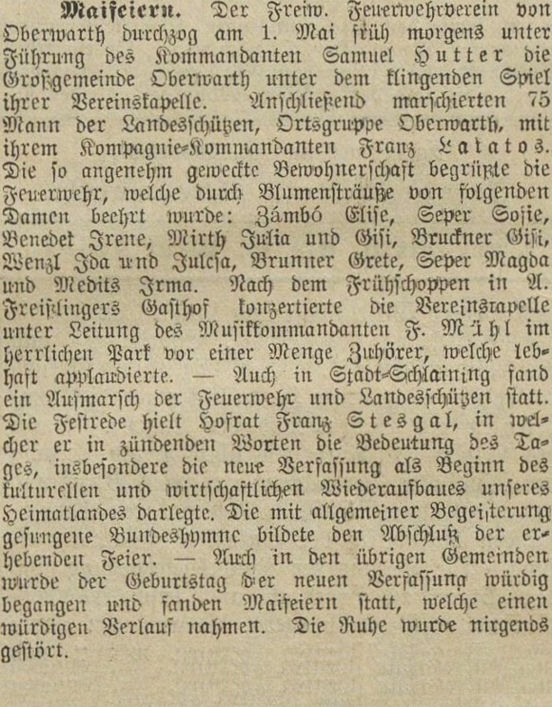 Oberwarther Sonntags-Zeitung vom 6. Mai 1934: Maifeiern des Freiw. Feuerwehrvereins mit seiner Vereinskapelle